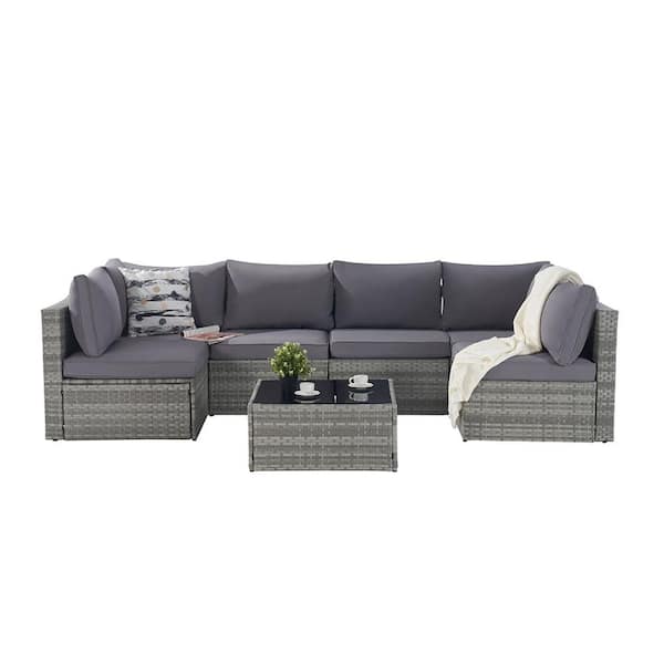 Sudzendf 7-Pieces Patio Conversation Wicker Rattan Outdoor Furniture Sofa Sectional with Gray Cushions