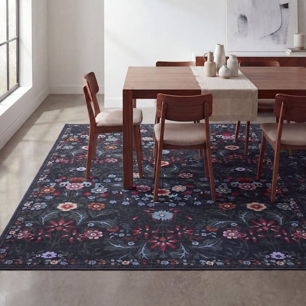 Primrose Art Nouveau Floral Border Machine-Washable Dark Green/Multi 4 ft. x 6 ft. Area Rug