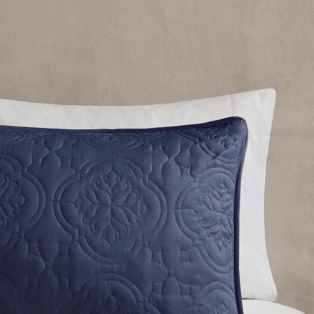 Navy King-Size Reversible Microfiber Bedspread Set with Classic Stitch