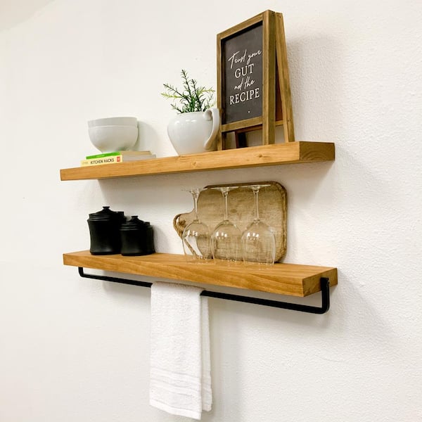 2 Pack Wall Decor Wood Rustic Floating Shelves, Storage Shelves with Towel  Bar for Bathroom, Kitchen, Bedroom, Living Room