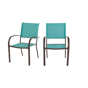 Mix and Match Stationary Stackable Steel Split Back Sling Outdoor Patio Dining Chair in Haze Teal Blue (2-Pack)