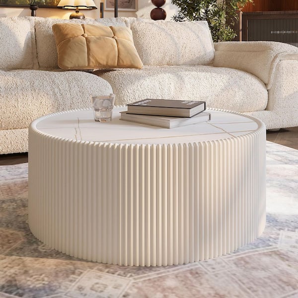 Queena Modern 29.52 in. White Round Drum Sintered Stone Top Coffee Table with Microfiber Leather Wrapped