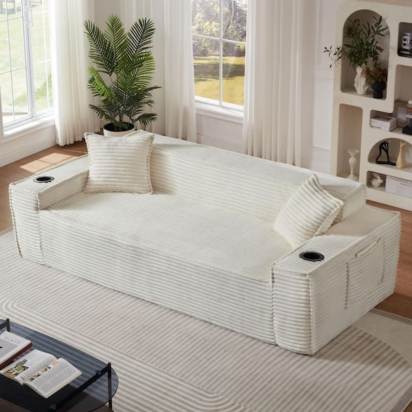 80.7 in. W White Corduroy Bean Bag 3-Seater Sofa No Assembly Needed for Apartment Office