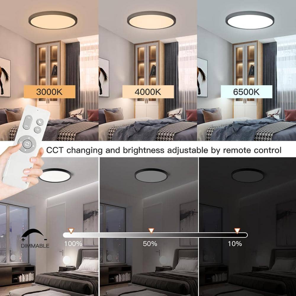 Black Adjustable LED Round Flush Mount Ceiling Light with Remote