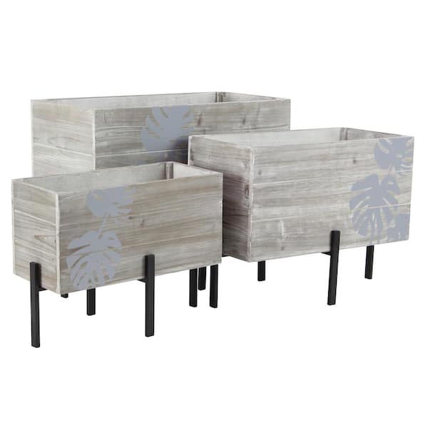 Litton Lane Rustic 13 in. 16 in. and 19 in. Wood and Iron Rectangular Planters with Stands (Set of 3)