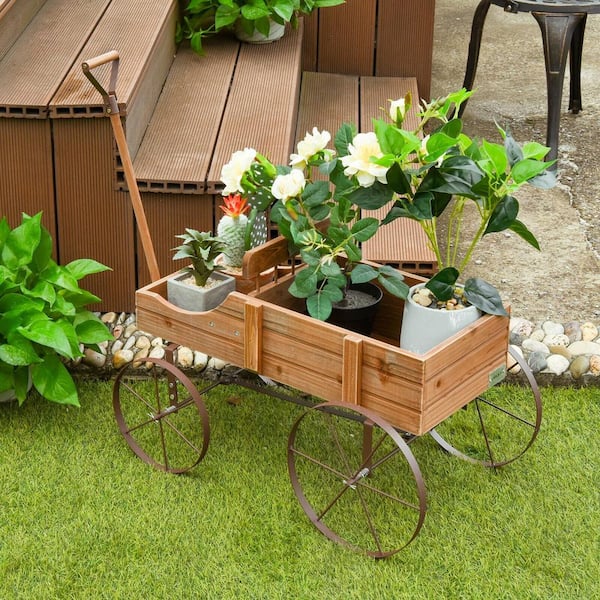 ANGELES HOME 24.5 in. L x 13.5 in. W x 24 in. H Brown Solid Wood Wheelbarrow Planter Box, Raised Beds