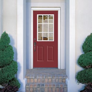 32 in. x 80 in. 9 Lite Red Bluff Right-Hand Inswing Painted Smooth Fiberglass Prehung Front Door with No Brickmold
