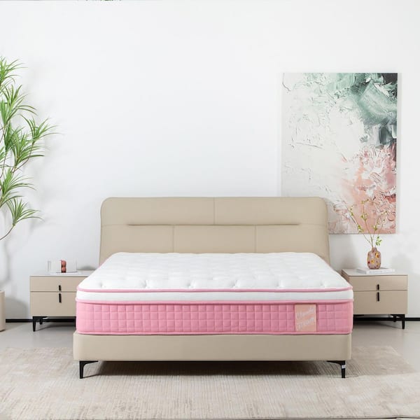 Full Soft KING 12 in. Hybrid Mattress Individual Pocket Spring Memory Foam Cool Knitted Cover CertiPUR-US Pink