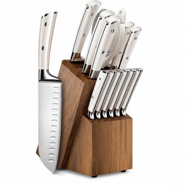 15-Piece Stainless Steel Kitchen Knife Set with White Acacia Block and Sharpener