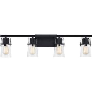 Knox 32 in. 4-Light Matte Black Vanity Light with Clear Seeded Glass