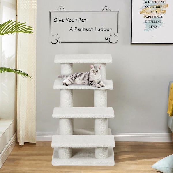 FORCLOVER 4-Step Pet Stairs with Scratching Post with Faux Fleece Furniture  Cover CJ7174 - The Home Depot