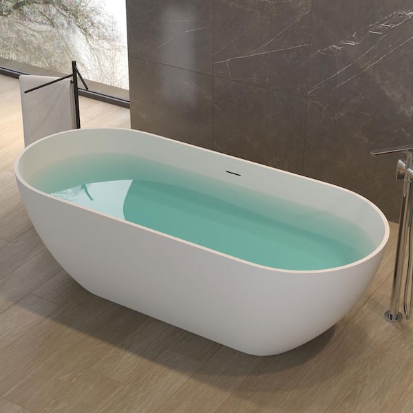 59 in. x 29.5 in. Freestanding Solid Surface Soaking Bathtub with Drain and Overflow in Matte White