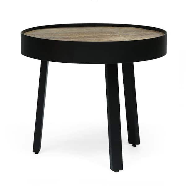 Noble House Justamere Natural and Black 21 in. Round Handcrafted Mango Wood Side Table