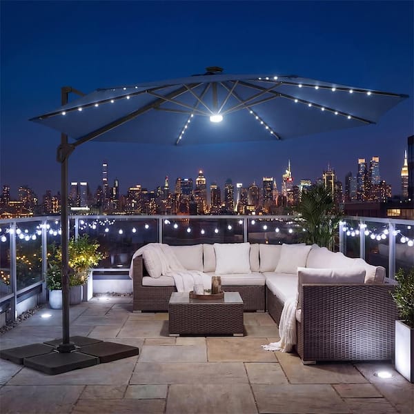 10ft patio umbrella with led lights Solar Powered Lights, Crank, and Cross Ba PolyTEAK resistant polyester and aluminum steel construction makes this umbrella the perfect addition to any backyard JOYESERY 10 ft. x 6.5