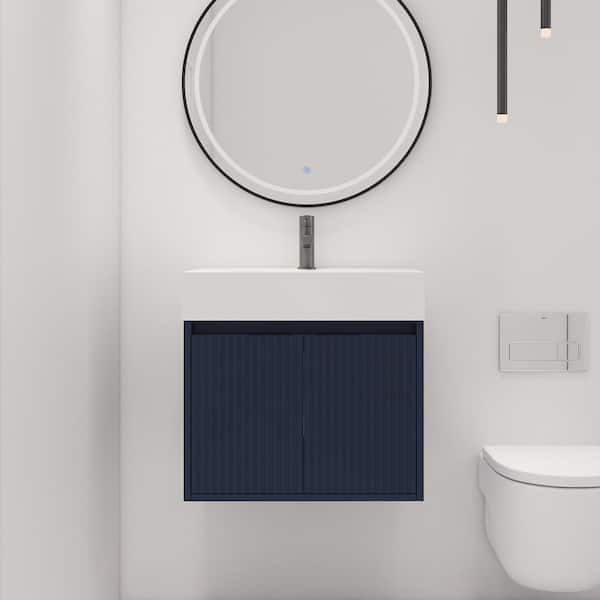 ARTCHIRLY 24 in. W x 18.1 in. D x 22.5 in. H Single Sink Wall-Mounted Bath Vanity in Navy Blue with White Resin Top