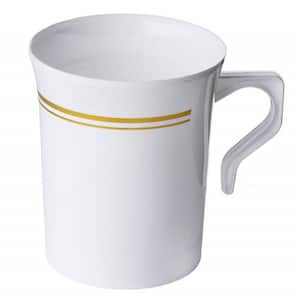 8 oz. 50 Pieces White with Gold Rim Non-toxic Party Plastic Coffee Mug 100% food grade Suitable For Hot or Cold Liquids.