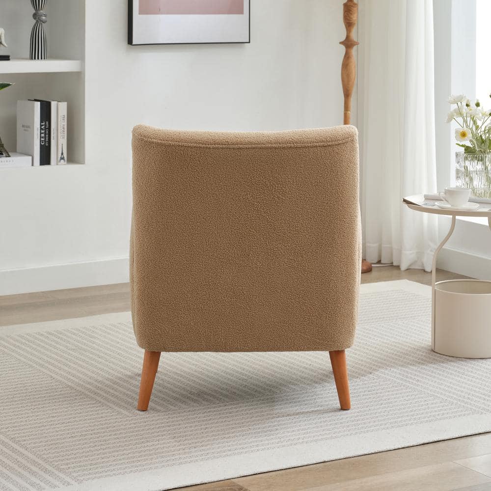 Camel Boucle Upholstered Barrel Accent Chair with Wood Legs