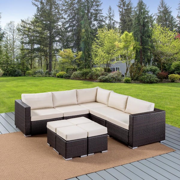 Noble House Santa Rosa Multi-Brown 9-Piece Aluminum Outdoor Patio Sectional Set with Beige Cushions
