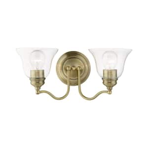 Crestridge 15.25 in. 2-Light Antique Brass Vanity Light with Clear Glass
