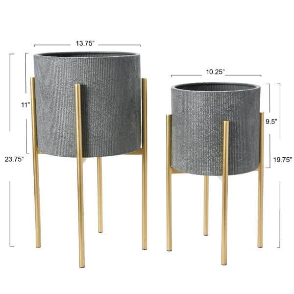 Charcoal Grey and Gold Embossed Metal Planters with Stands, Set of 2
