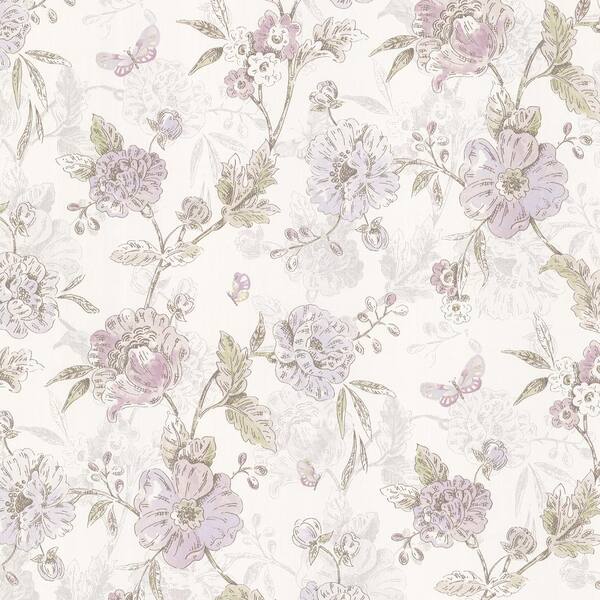 Brewster 56.4 sq. ft. Beecroft Purple Butterfly Peony Trail Wallpaper