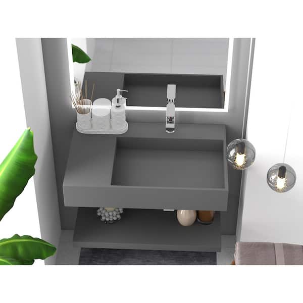 Juniper 30 in. Wall Mounted Solid Surface Right Side Basin Rectangular Vessel Bathroom Sink in Matte Gray