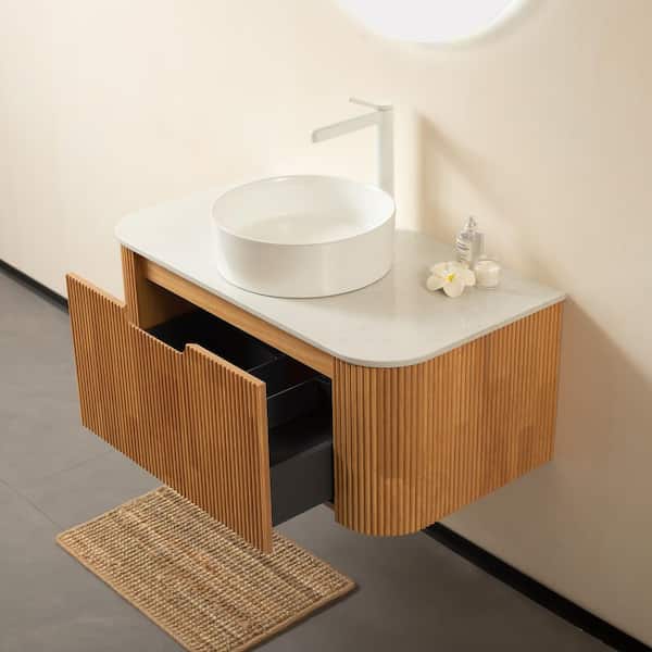 Yunus 30 in. Single Sink Floating Natural Wood Bath Vanity with White Engineered Marble Top Assembled