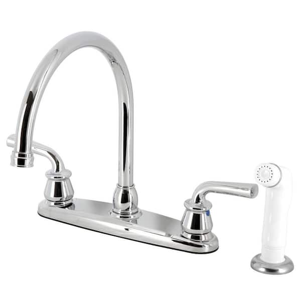 Kingston Brass Restoration 2-Handle Deck Mount Centerset Kitchen Faucets with White Sprayer in Polished Chrome