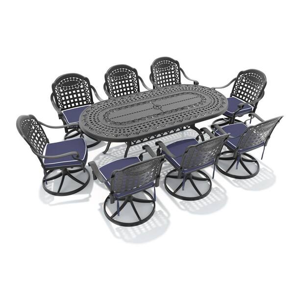 7-Piece Black Cast Aluminum Patio Outdoor Dining Set with Oval Table and 6 Swivel Dining Chairs, Blue Cushions