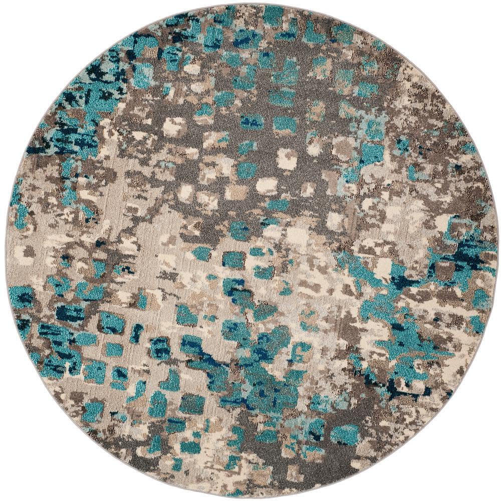 Boho-Chic Grey and Light Blue Round Synthetic Area Rug, 3' x 3'