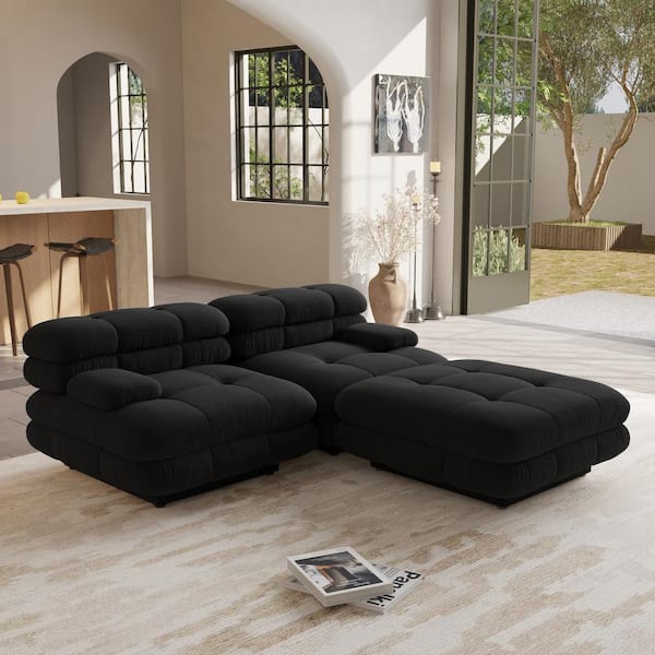 J&E Home 73.23 in. Square Arm 3-piece Teddy Velvet Deep Seat Modular Sectional Sofa with Adjustable Armrest in. Black