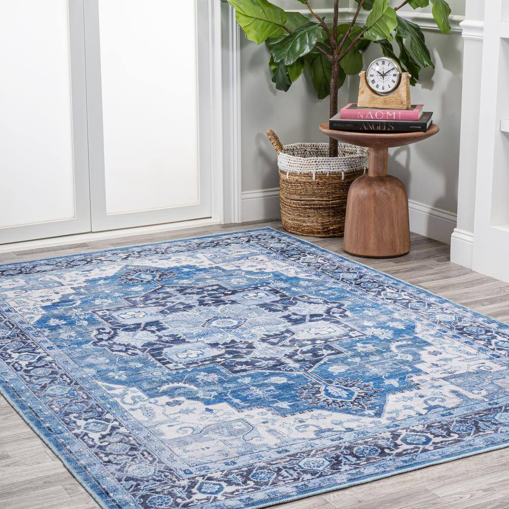 Blue and Navy Medallion Washable Synthetic 4' x 6' Area Rug
