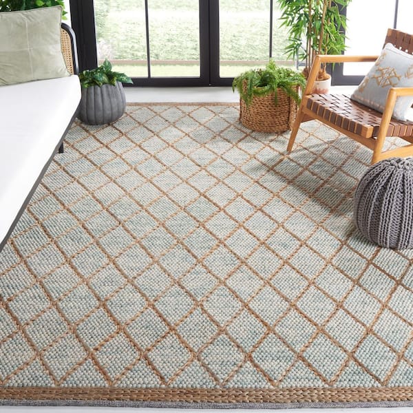 Natura 9 ft. x 12 ft. Teal/Natural Diamond Border Area Rug