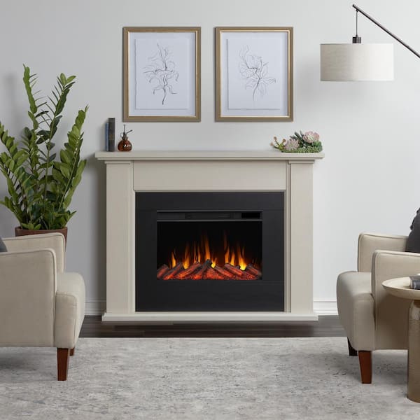 Real Flame Tejon Slim 52 in. Freestanding Wooden Electric Fireplace in Bone White