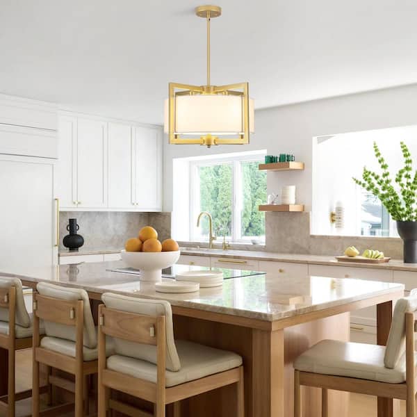 4-Light Painted Gold Chandelier Pendant Light with White Drum Shade