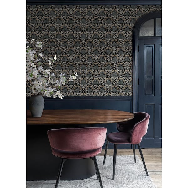 Woodbury Black Floral Damask Wallpaper