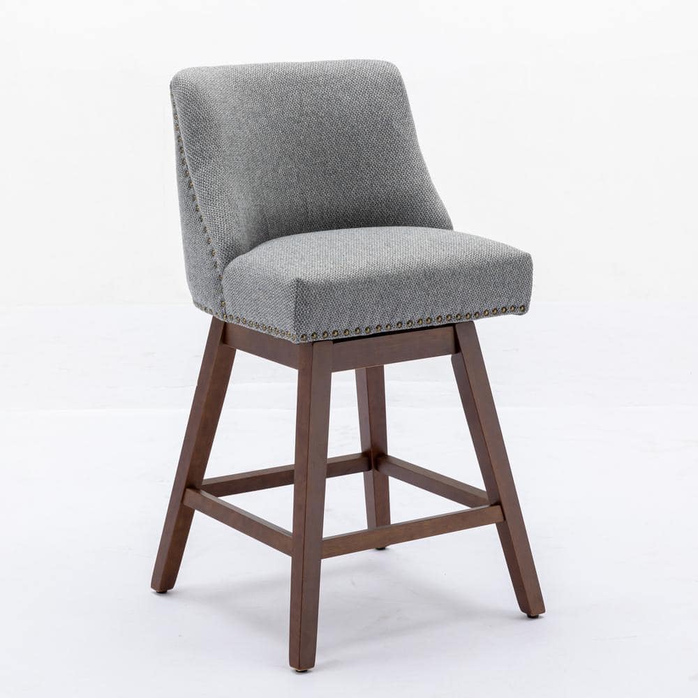 26 in. H Gray Wing Back Wood Counter Height Swivel Barstools Upholstered Ba