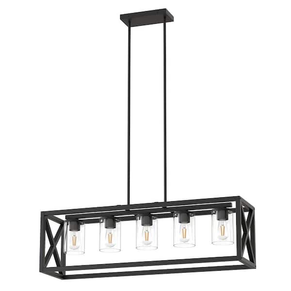 5-Light Matte Black Rectangle Chandelier,Metal Dining Room Light with Adjustable Height for Kitchen Island and Table