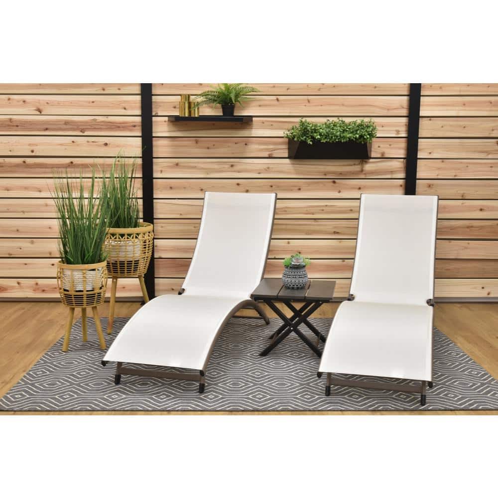 Pearl White and Brown Aluminum 3-Piece Reclining Lounger Set
