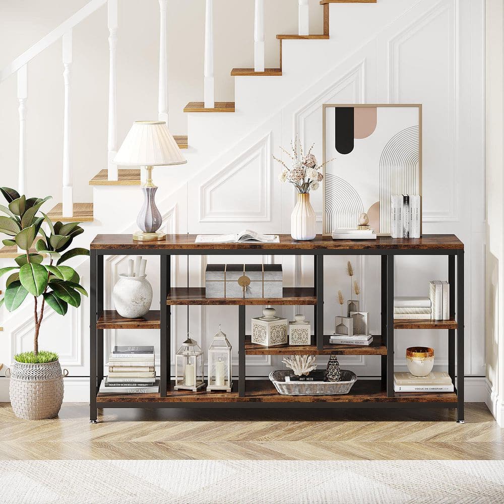 Turrella 70.9 in. Brown 35.8 in. Height Rectangle Wood Console, Sofa Extra Long Behind Couch Table with 3 Shelf price history on PriceWatchPro
