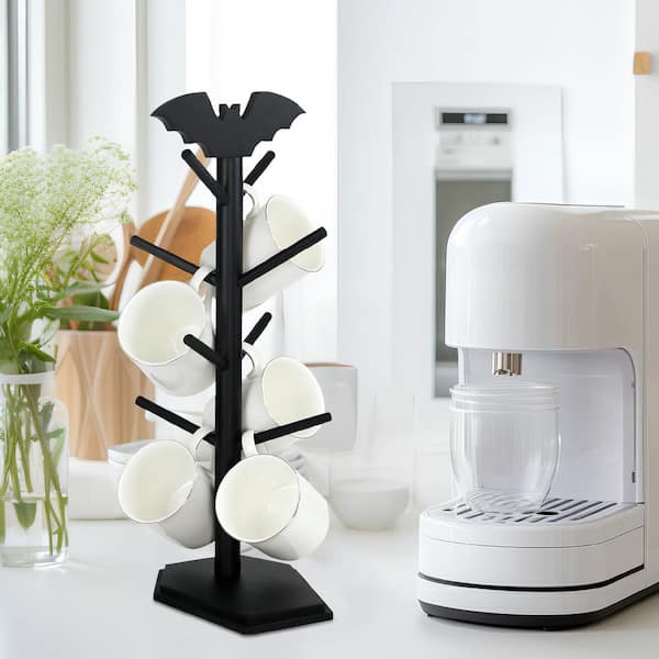 8-Hook Black Wood Mug Hook Mug Tree, Bat Countertop Mug Holder Rack Cup Storage Organizer for Coffee Bar Halloween Decor