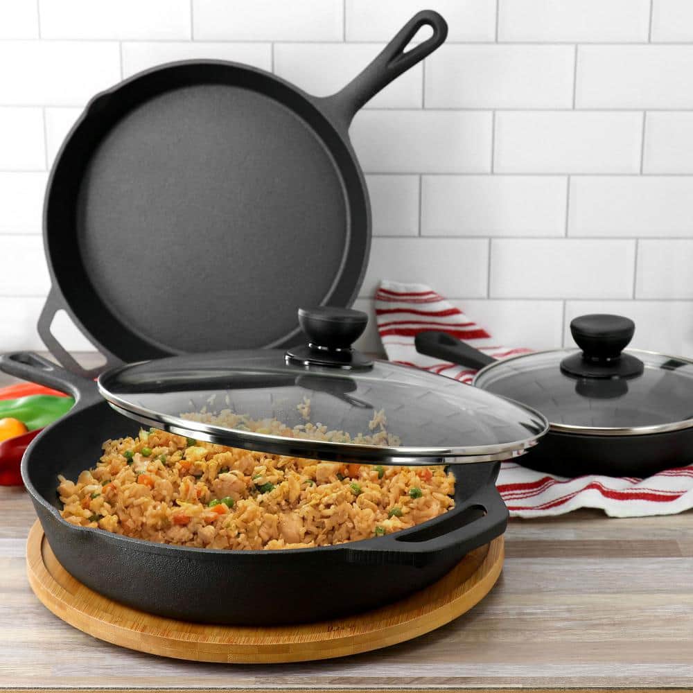 MegaChef 14 Piece Non-Stick Cast Iron Skillet Set with Tempered Glass Lids