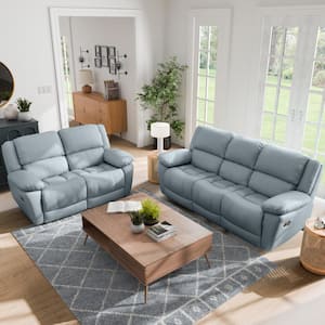 Loure 2-Piece Powder Blue Leather Reclining Living Room Set with Pillow Top Arms and Adjustable Headrest