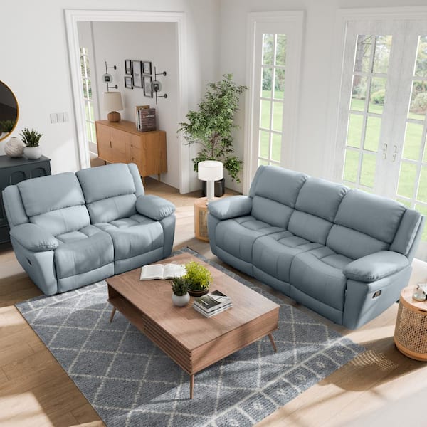 Loure 2-Piece Powder Blue Leather Match Reclining Living Room Set with Pillow Top Arms and Adjustable Headrest