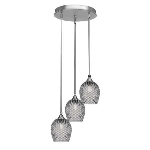 Unbranded Villa 60-Watt 15.75 in. 3 Light Nickel Stem Pendant Light with 7.5 in. Smoke Textured Glass Shade, No Bulbs Included