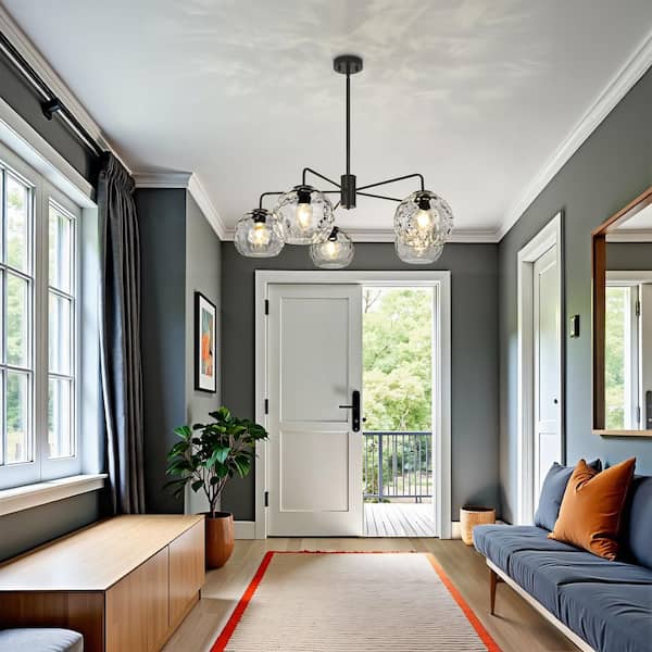 Jasslynn 33 in. 5-Light Black Modern Chandelier w/Hammered Clear Glass Shades for Bedroom, Living Room & Kitchen