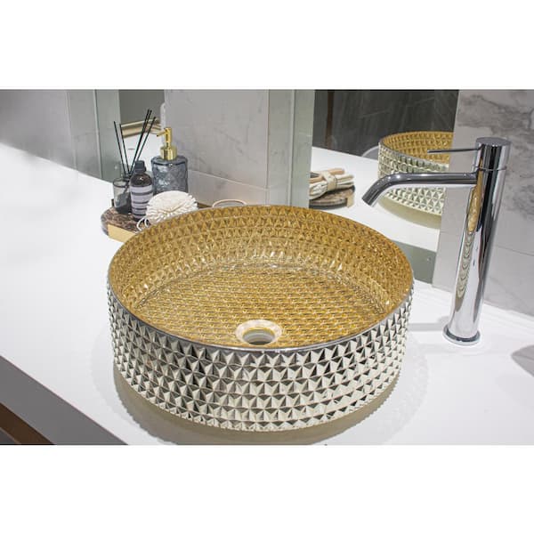 Runesay 14.17 in. Gold Crystal Glass Circular Vessel Sink Bathroom Sink
