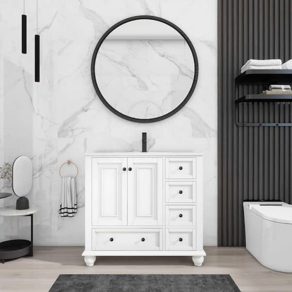 eclife 36 in. W. x 18.1 in. D x 34 in. H 1-Sink Freestanding Bath Vanity in White with White Ceramic Top and Drain Faucet Set