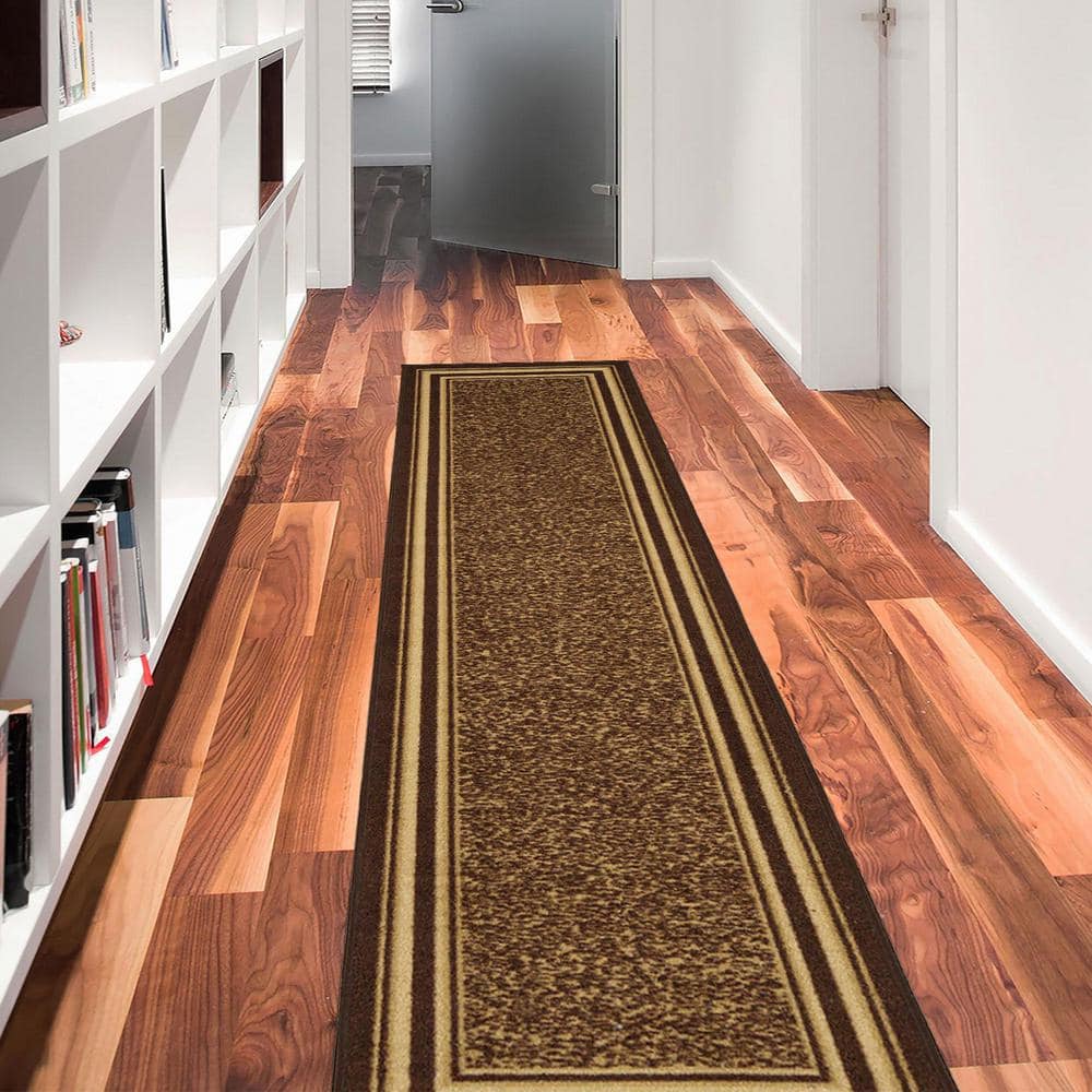Brown and Beige Bordered Runner Rug with Non-Slip Backing
