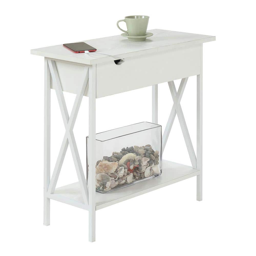White Wood Flip-Top End Table with Charging Station